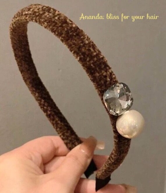Embellished Gem Rhinestone & Pearl Headband, Soft Brown  display picture 1