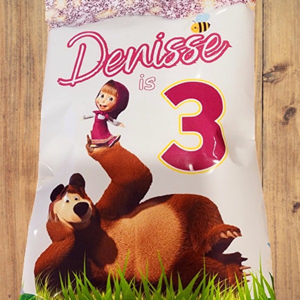 Masha and the Bear birthday party favors chip bag labels