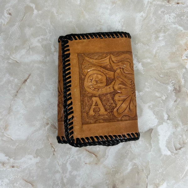 Men's vintage western cowboy style hand tooled leather wallet with monogram A.