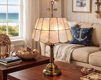 Vintage Brass Table Lamp w/ Scalloped Frosted Glass Shade Nautical Coastal Decor