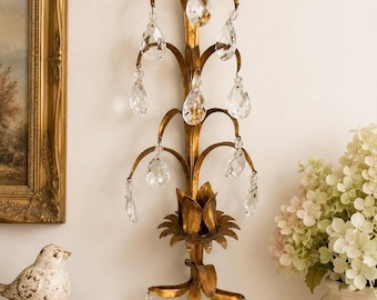 Vintage Italian Tole Crystal Sconce – Hollywood Regency Gold Gilt Floral Candle Holder