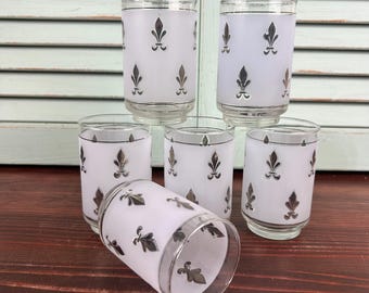 Vintage Libbey Frosted Fleur de Lis Glasses, Set of 6