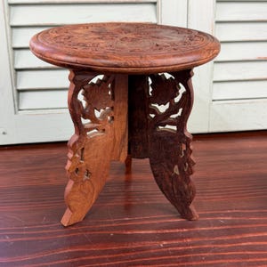 Vintage Hand Carved Wooden Stool | Boho Rustic Accent Table | Intricate Floral Carving | Small Plant Stand | Global Decor