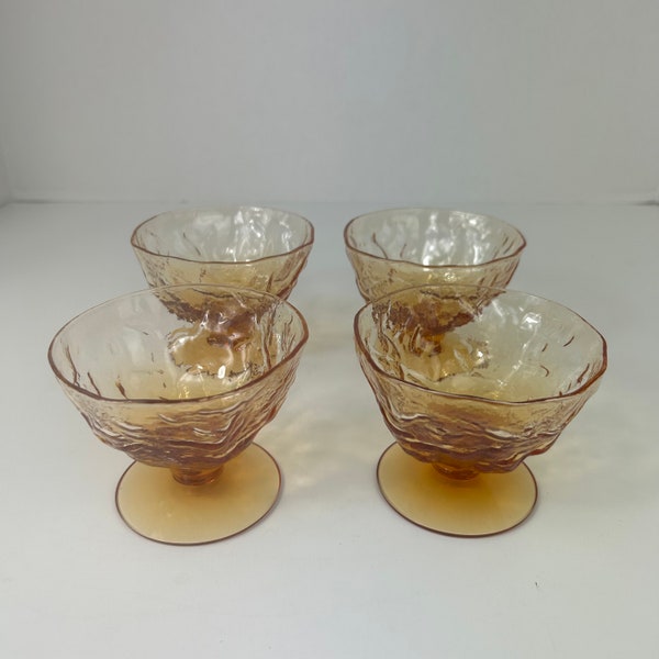 Set of 4 vintage Morgantown Seneca Amber sherbet dessert glasses. Stemmed crinkle glass organic edge. Beautiful honey gold color.