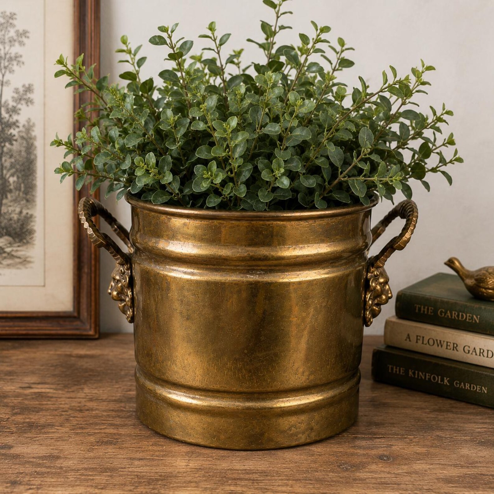 Vintage brass cachepot planter with lion heads for a cowgirl coastal kitchen