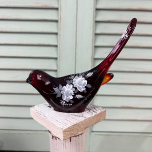 Fenton Ruby Red Happiness Bird HP Floral White Roses