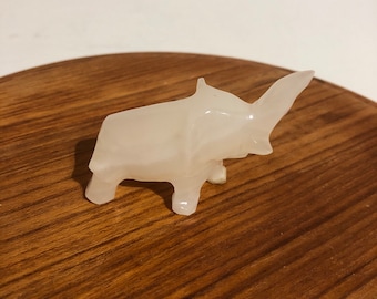 Vintage Hand Carved White Onyx Marble Elephant Figurine Trunk Up.