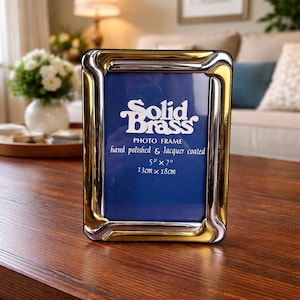 Vintage Solid Brass Photo Frame 5x7, Hand Polished Lacquered Desk Decor