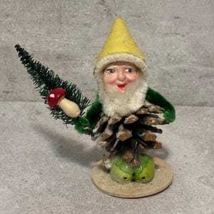 Vintage Putz Pinecone Spun Cotton Elf, Gnome, Pixie Figurine Ornament.