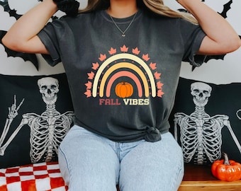 Comfort Colors Fall Vibes Camisa Vintage Otoño Camiseta Acción de Gracias Camisa de Mujer Camiseta de Otoño de gran tamaño Boho Teachers Camiseta Pumpkin Spice