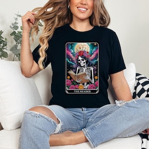 Bella Canvas®  The Reader Tarot Card Shirt, Skeleton Reading Shirt, Unisex Tarot Card Shirt, Book Lover Gift, Bookish Gift, Tarot Lover Gift