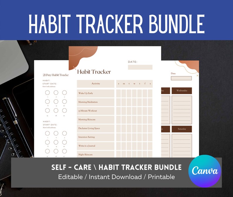 Editable Habit Tracker Canva Bundle Instant Download Fitness Etsy