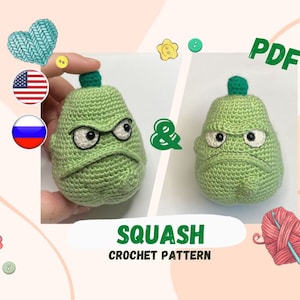 Op de afbeelding: Haakpatroon PDF voor een groene amigurumi-pompoen met een chagrijnig gezicht. Het patroon bevat instructies voor het maken van de pompoen in zowel Amerikaans Engels als Russisch.