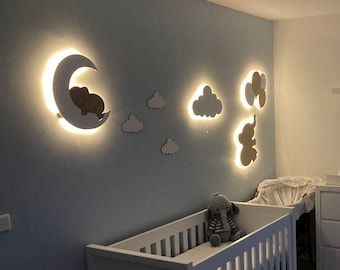 Set of 4 Baby Night Light, Baby Room Light, Personalized Lamp, Cloud Lamp, Nursery Lighting, Elephant Nursery Decor, Custom Baby Gift