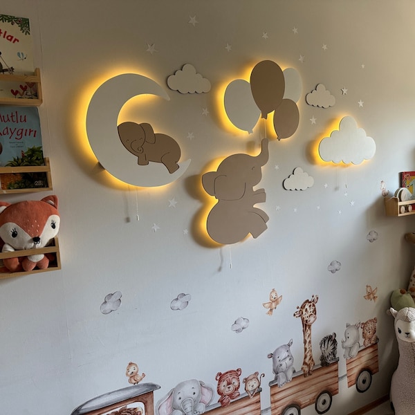 Babylampset, kinderdagverblijf nachtlampje, babykamer decor, wolklamp, kinderkamer wanddecoratie, olifantslamp, wolkenlicht, kinderwandlamp, kindercadeau