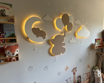 Juego de lámparas para bebés, Luz nocturna de guardería, Decoración de habitación para bebés, Lámpara de nube, Decoración de pared de guardería, Lámpara de elefante, Luz de nube, Lámpara de pared para niños, Regalo para niños