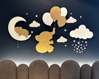 Baby Wandlampen-Set, Kinderzimmer Nachtlicht, Elefant Lampe, Kinderzimmer Dekor, Wolke Licht, Elefant Kinderzimmer Dekor, Baby Geschenk
