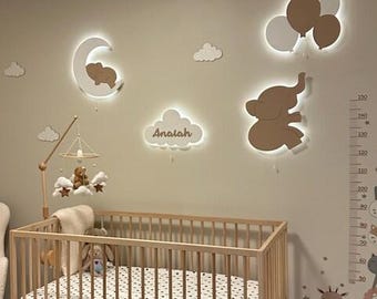 4er Set Kinderzimmer Nacht Lichter, Babyzimmer Wandleuchte, Wolke Mond Elefant Licht, Kinderzimmer Dekoration, Baby-Dusche-Geschenk, Kinderzimmer Beleuchtung