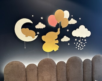 Set of 4 Nursery Wall Light, Baby Room Decor, Cloud Night Light, Elephant Lamp, Nursery Wall Decor, Night Lamp, Cloud Lamp, Custom Baby Gift