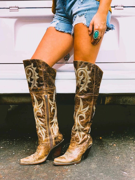 Dan Post Women s Jilted Knee High Brown Western Boots Etsy UK