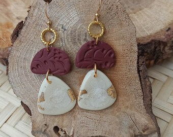 Boucles d'oreilles argile polymère et fleurs séchées, fleurs hortensia blanche, modèle Duchesse Terra, bijoux fait main en France