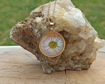 Daisy dried flower pendant necklace, "Nostalgie" model, handmade in France, resin and polymer clay