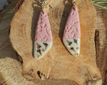 Polymer clay and dried flower earrings, lavender flowers, geometric shape, Od'ette model, handmade in France