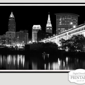 Cleveland Skyline Digital Download, Black & White Cleveland Download, Printable Cleveland Wall Décor, Cleveland City lights Instant Download