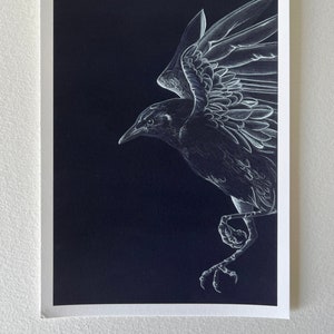 Flying Crow Art Print, Minimalist Black and White Decor (5x7 inch)