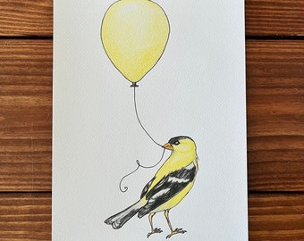 Goldfinch Bird Print, Whimsical Art, Yellow Balloon (9x12)