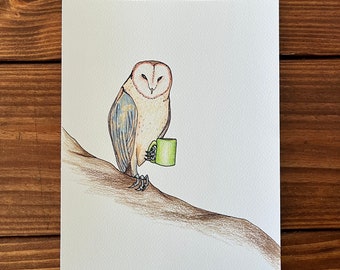 Barn Owl Art Print, Whimsical Bird with Coffee (9x12)