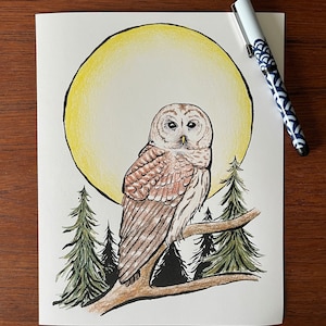 May include: A hand-drawn illustration of a brown and white owl perched on a branch with a yellow moon behind it. The owl is surrounded by green pine trees.