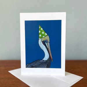Greeting Card of Original Artwork, Brown Pelican with Party Hat, 5x7 Blank Card, Happy Birthday, Gift for Bird Lovers, Fun Card