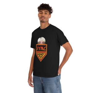 May include: A black t-shirt with a red, yellow, and orange graphic of a person's face with the text "SYNC ARMY" on it.