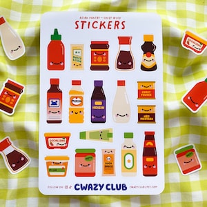 Feuilles d'autocollants pour condiments asiatiques | Feuilles d'autocollants colorés | Autocollants kawaii | Stickers cuisine asiatique | Stickers pour journaux | Feuilles d'autocollants
