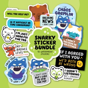 SNARKY Sticker Bundle | 10 Waterproof Stickers | Extrovert Stickers | Sassy Stickers | Chaos Gremlin Stickers | Sarcastic Stickers | Cheeky