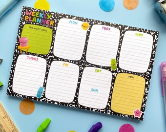 Composition Weekly Planner Notepad 8.5 x 5.5 inch | 50 Tear Off Sheets | Kawaii Weekly Planner | Calendar Pad | Weekly Schedule