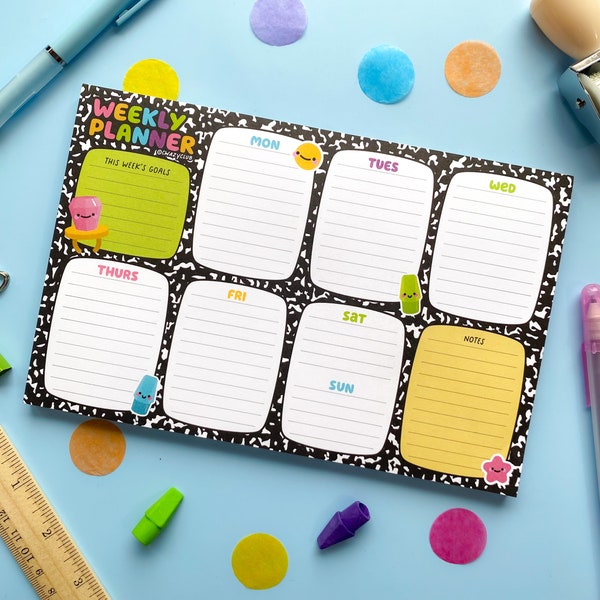 Composition Weekly Planner Notepad 8.5 x 5.5 inch | 50 Tear Off Sheets | Kawaii Weekly Planner | Calendar Pad | Weekly Schedule