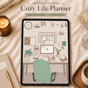 Könnte beinhalten: Ein digitales Tablet mit einer interaktiven Schreibtischoberfläche namens Cozy Life Planner. Der Bildschirm zeigt einen Schreibtisch mit Computer, Stuhl und verschiedenen beschrifteten Bereichen wie Health & Fitness, Mental Health, Brain Dump, Calendar und Finances.