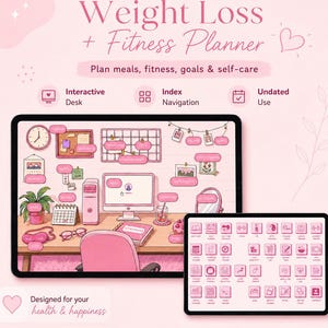 Könnte beinhalten: Ein digitaler Gewichtsverlust- und Fitnessplaner auf zwei Tablets. Die Benutzeroberfläche zeigt eine Schreibtischillustration in Rosatönen mit interaktiven Symbolen für Mahlzeiten, Fitness, Ziele und Selbstfürsorge sowie ein Raster mit Tracking-Icons.