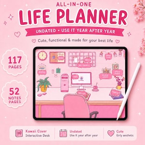 Pink Digital Planner Girly Cute All-in-One Life Organizer Kawaii GoodNotes Journal iPad Android Tablet Hyperlinked Undated Interactive Desk
