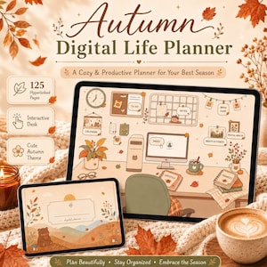 Agenda digital otoñal adorable, acogedora, interactiva, de escritorio, todo en uno, organizador GoodNotes, sin fecha, para iPad, Android y tablet, con hipervínculos.
