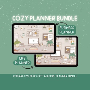 Könnte beinhalten: Illustration eines Cozy Planner Bundles mit zwei digitalen Planern mit der Bezeichnung "Life Planner" und "Business Planner". Das Bild hat eine Cottagecore-Ästhetik mit Schreibtischelementen wie Computer, Pflanzen und Notizen. Text: "Interactive Desk Cottagecore Planner Bundle."