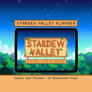 Könnte beinhalten: Ein digitaler Planer für das Videospiel Stardew Valley. Der Planer wird auf einem Tablet-Computer mit einem Berglandschaft-Hintergrund angezeigt. Der Text auf dem Bildschirm lautet "Stardew Valley Digital Life Planner". Der Text unter dem Tablet lautet "Digital Life Planner - 56 verlinkte Seiten".