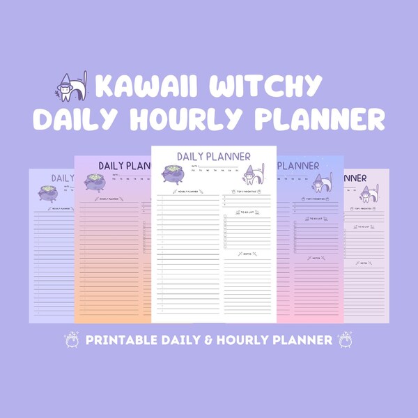 Witchy Hourly Planner Cute Kawaii Daily Planner Printable | A4 Digital Download PDF Student Academic Organizer Schedule Productivity Tracker