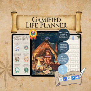 Peut inclure: Un planificateur de vie gamifié numérique sur une tablette, avec une illustration d'une personne près d'un feu de camp. Comprend une feuille d'autocollants de réussite, des récompenses de coffre au trésor et un système de lancer de dés D20. Compatible.