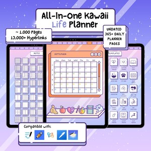 Pu&ograve; includere: Planner digitale All-In-One Kawaii Life con oltre 1.000 pagine e oltre 13.000 collegamenti ipertestuali. Include pagine del planner giornaliero 365+ non datate, note e modelli. Compatibile con strumenti digitali. Design carino e colorato.