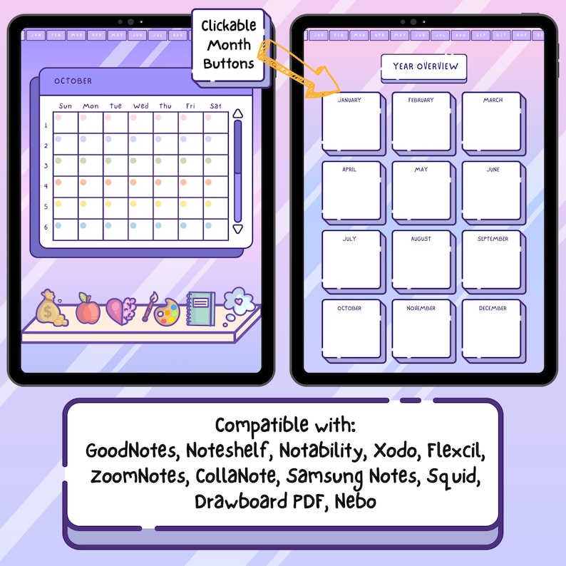 Pu&ograve; includere: Planner digitale visualizzato su due tablet. Uno mostra un calendario di ottobre con pulsanti dei mesi cliccabili. L'altro mostra una panoramica annuale. L'immagine include un elenco di app compatibili: GoodNotes, Noteshelf, Notability, Xodo, Flexcil, ZoomNotes, CollaNote, Samsung Notes, Squid, Drawboard PDF e Nebo.