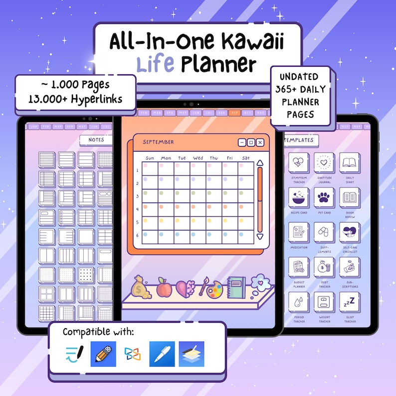 Pu&ograve; includere: Planner digitale All-In-One Kawaii Life con oltre 1.000 pagine e oltre 13.000 collegamenti ipertestuali. Include pagine del planner giornaliero 365+ non datate, note e modelli. Compatibile con strumenti digitali. Design carino e colorato.