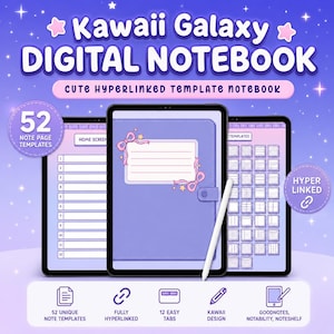 Könnte beinhalten: Digitales Notizbuch mit Kawaii Galaxy-Thema. Das Cover ist hellviolett mit einem rosa Schleifen- und Stern-Design. Das Bild zeigt drei Tablets mit dem Text "Kawaii Galaxy DIGITAL NOTEBOOK" und "CUTE HYPERLINKED TEMPLATE NOTEBOOK".